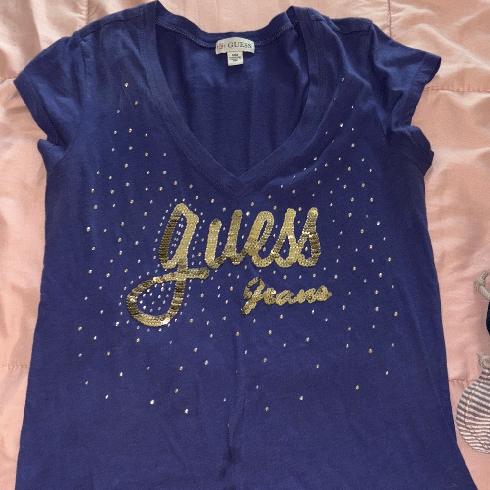 Guess Navy Tee with Sparkling Gold Details